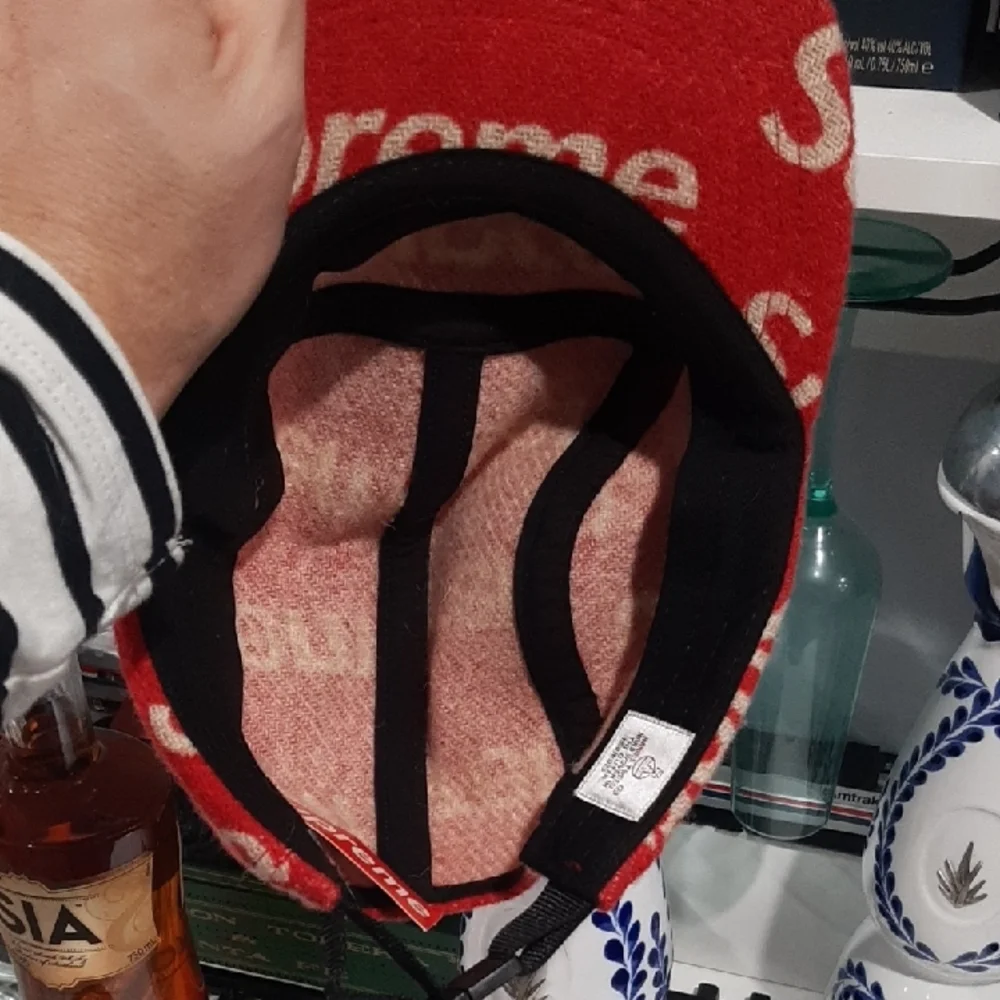 Supreme Red Wool Logo Camp Cap with White All-Over Branding